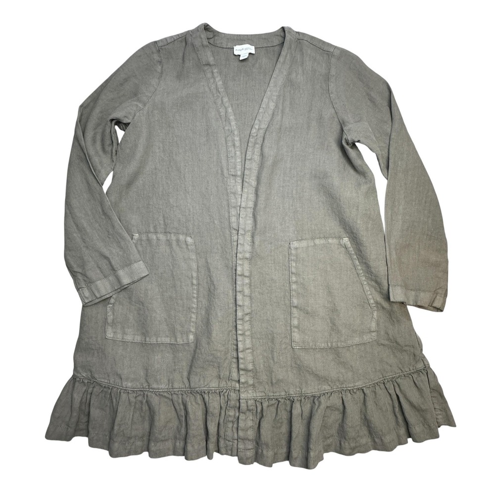 J Jill Pure Jill Coatigan Womens XS Petite Green Linen Ruffle Hem Open Front